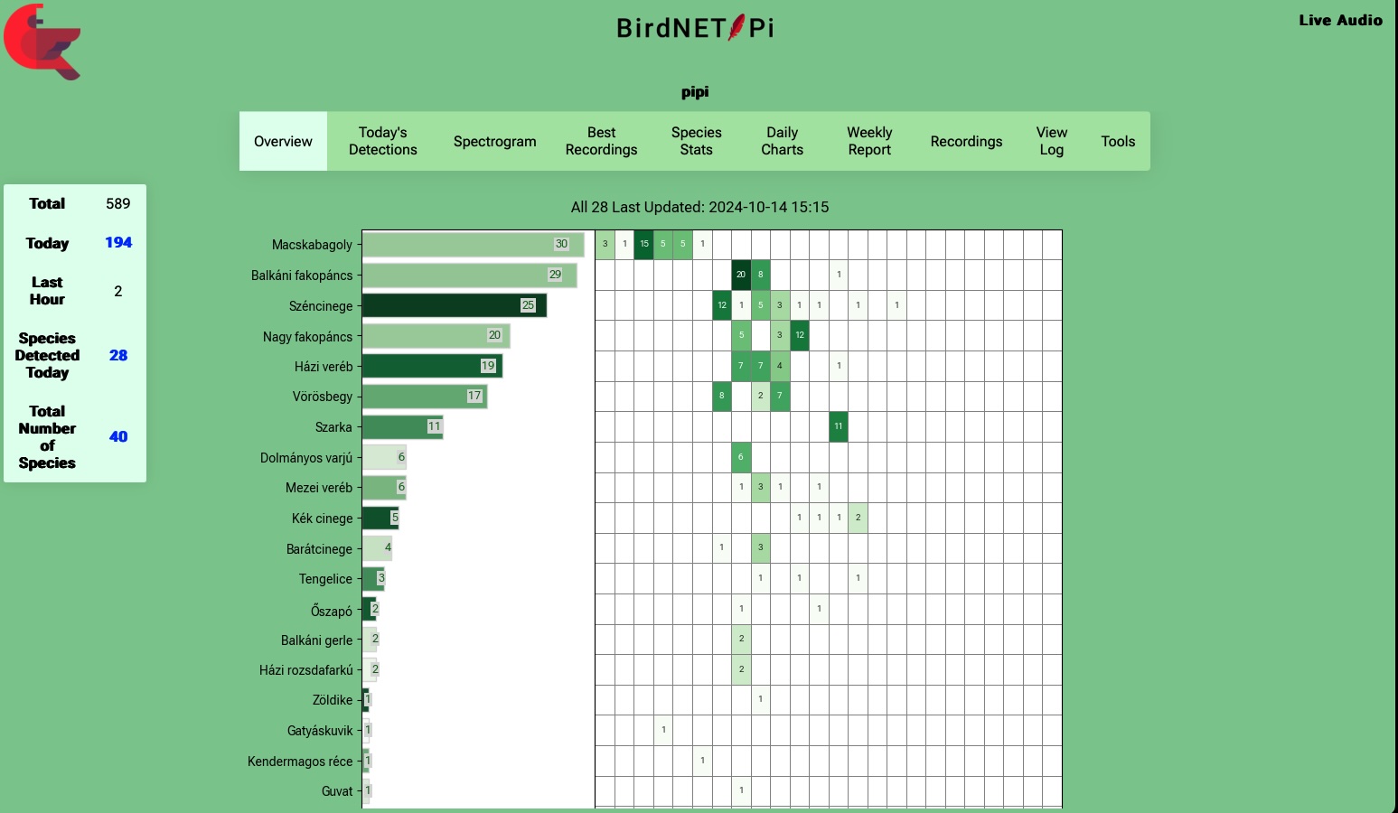 BirdNet alkalmazás képernyője
